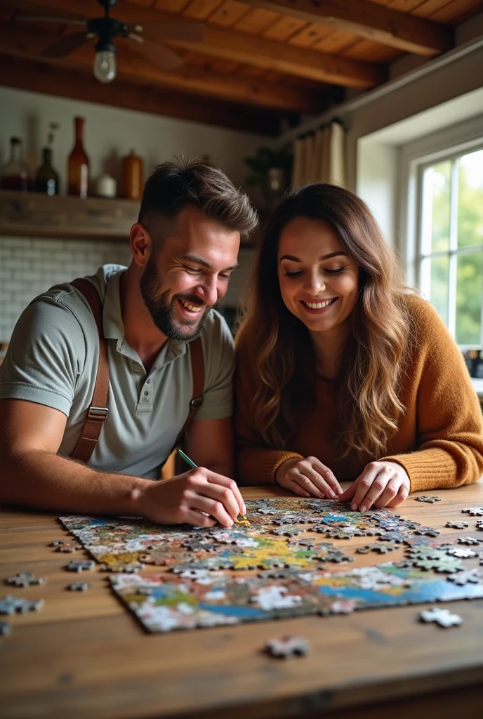 Couple putting together a 1000 piece jigsaw puzzle on a rustic table, in a house on the farm. The couple is euphoric. Thin man with short beard, fat woman with very long hair. are dating.