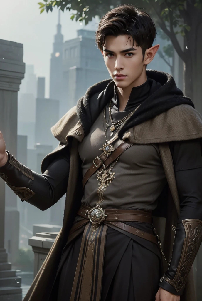 Masterpiece, Excellent, a tall muscular young man, solo, perfect facial features, (short hairstyle:1.5), sexy gaze, beautiful, gorgeous, wet, digital painting, earth wizard, slimming, elf, gray pupils, floating ball of earth, wizard outfit, relax, detailed background