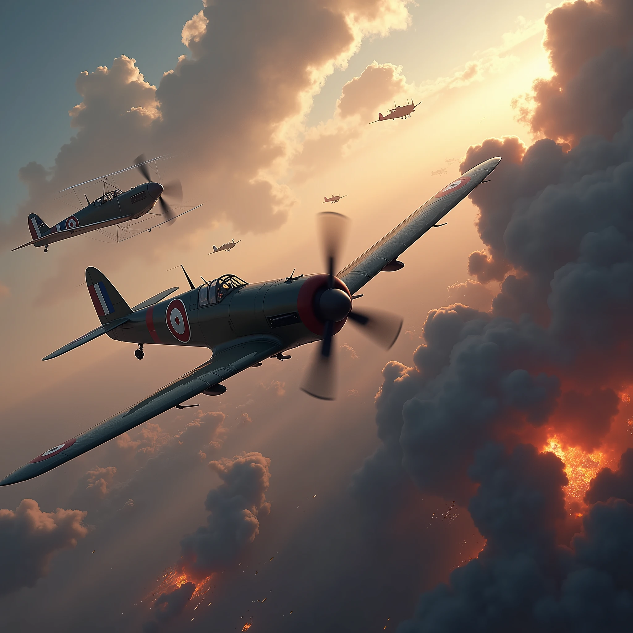 (masterpiece, best quality, 8k, ultra-detailed, hyper realistic, photorealistic) dramatic destroyed sky, intense aerial battle, world war 1 fighter planes, Morane-Saulnier and Albatros C.X aircraft, explosive combat, billowing smoke, intense lighting, vibrant colors, dramatic clouds, cinematic composition