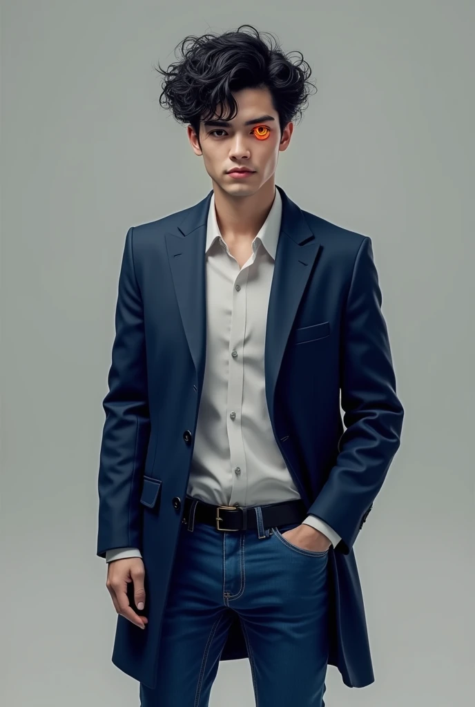 create a man with short black curly hair, with a white shirt and a blue coat, blue jeans and black shoes, with orange right eye, and the left eye black, the orange eye is magical so it glows