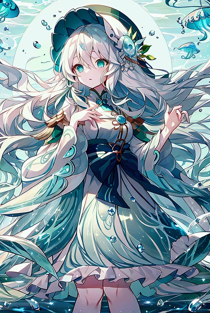 White Hair、Wavy Hair、Long Hair、Blue-green eyes、Cute clothes、Water Drop、In the water、jellyfish