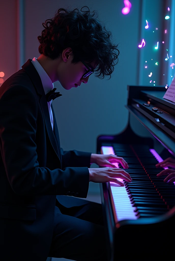 Generates an image of a dark-skinned teenage man, with dark brown curly hair. who wears glasses, (But it has to be anonymous, I mean, Put a shadow on him that doesn&#39;t let you see his face), dressed in a suit and bow tie, playing the piano in a dark room, illuminated by phosphorescent rainbow notes coming from the piano.