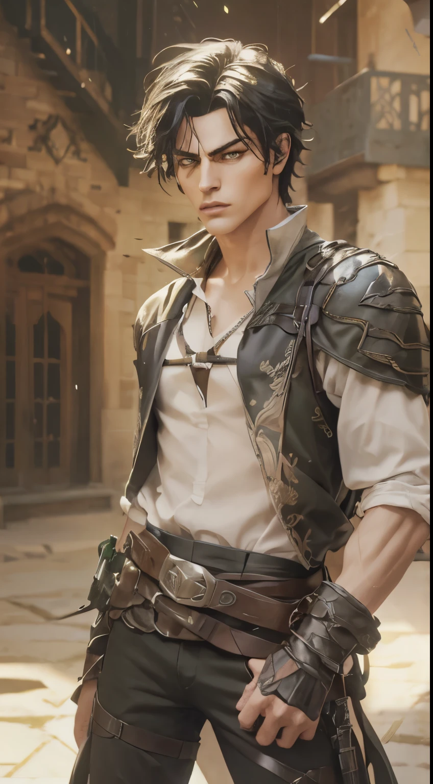 (an androgynous male assassin:1.1),wild black hair,green eyes,slim,black assassin clothing,in a castle,medium:oil painting,detailed background,moody lighting,vivid colors,dark and mysterious ambiance,ominous atmosphere