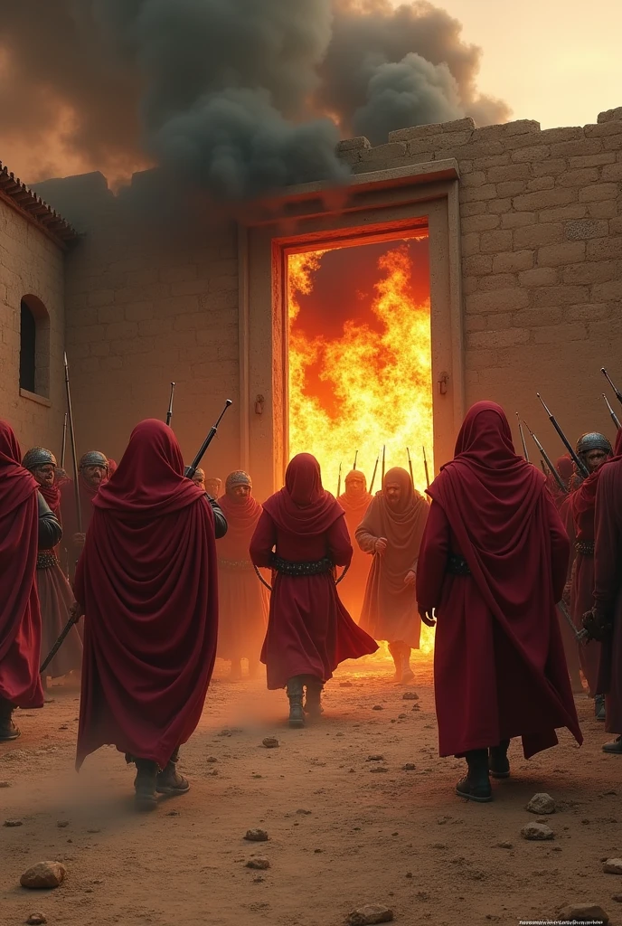 The fourth time, Umar went with a group to Fatima’s house, broke the door. Umar also set fire to the house. Arabia year 600 AD.Chr. Umar uses force to kick in the door. The door is also burned. Lots of smoke Umar looks ugly and like a tyrant. He and his men set fire to the little house and kicked the door. They wear red clothes and war armor, they are evil and hateful, they all run into the house and look like beasts. The house is a small, poor house made of stone and clay.