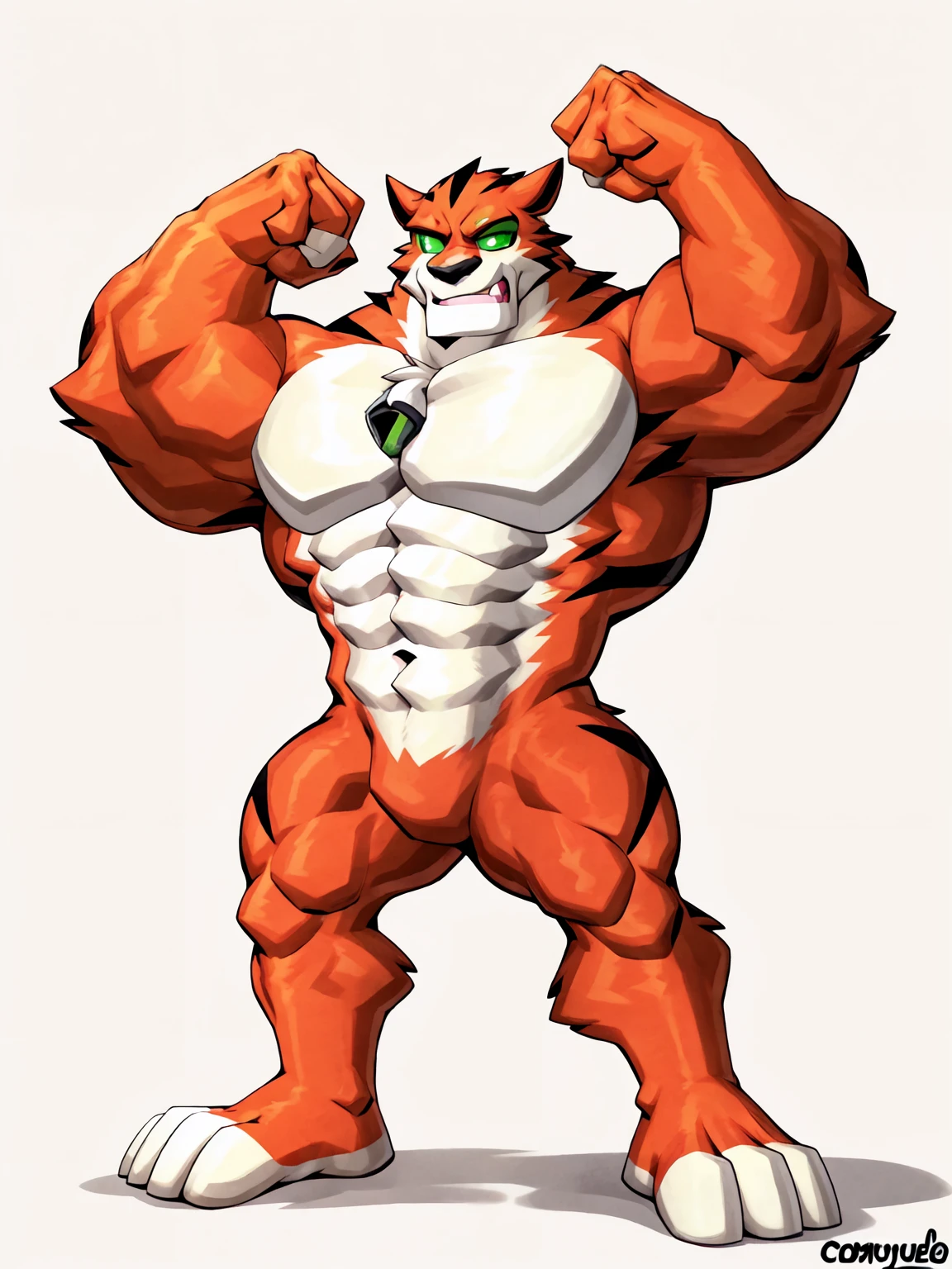 score_9, score_8_up, score_7_up, score_6_up, score_5_up, score_4_up,best quality,1boy,solo,muscular male,hi res,8k hd,looking at viewer,arms_raised,(by cartoon-network,by kamyuelo:1.5),masterpiece,best quality,(rath_(ben_10),orange skins):0.9,solo,hi res,8k hd,((nudiest:1.7)),(((green eyes,no pupils:1.7))),full body shot,((show legs&feet)),white background,(((rugged body,wide_chest,wide_abs,wide_legs,wide_feet,big muscular,better eyes,better pupils))),standing,confident dramatic muscle-man posing,one-arm raising,(one-eye closed)