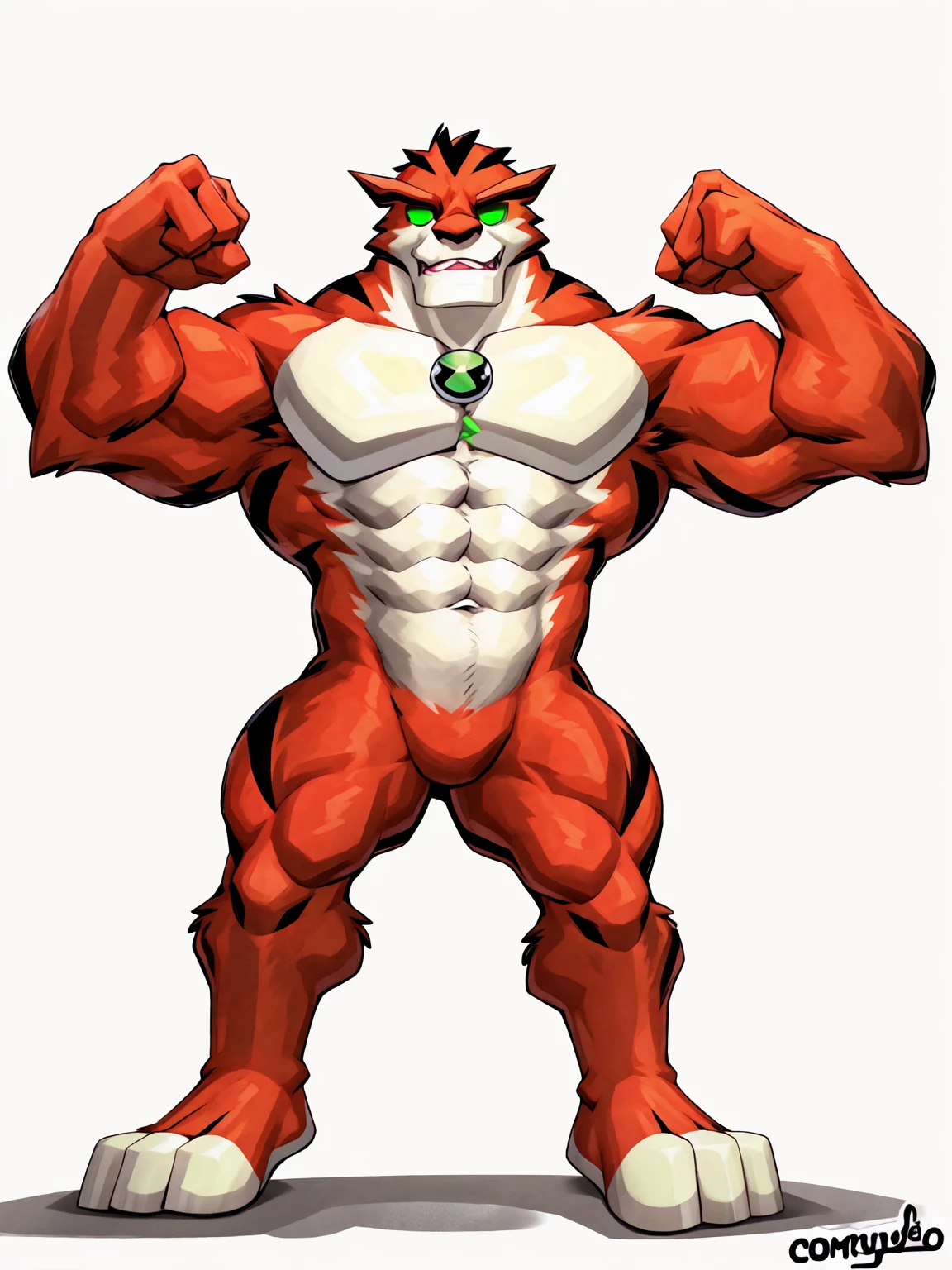 score_9, score_8_up, score_7_up, score_6_up, score_5_up, score_4_up,best quality,1boy,solo,muscular male,hi res,8k hd,looking at viewer,arms_raised,(by cartoon-network,by kamyuelo:1.5),masterpiece,best quality,(rath_(ben_10),orange skins):0.9,solo,hi res,8k hd,((nudiest:1.7)),(((green eyes,no pupils:1.7))),full body shot,((show legs&feet)),white background,(((rugged body,wide_chest,wide_abs,wide_legs,wide_feet,big muscular,better eyes,better pupils))),standing,confident dramatic muscle-man posing,one-arm raising,(one-eye closed)