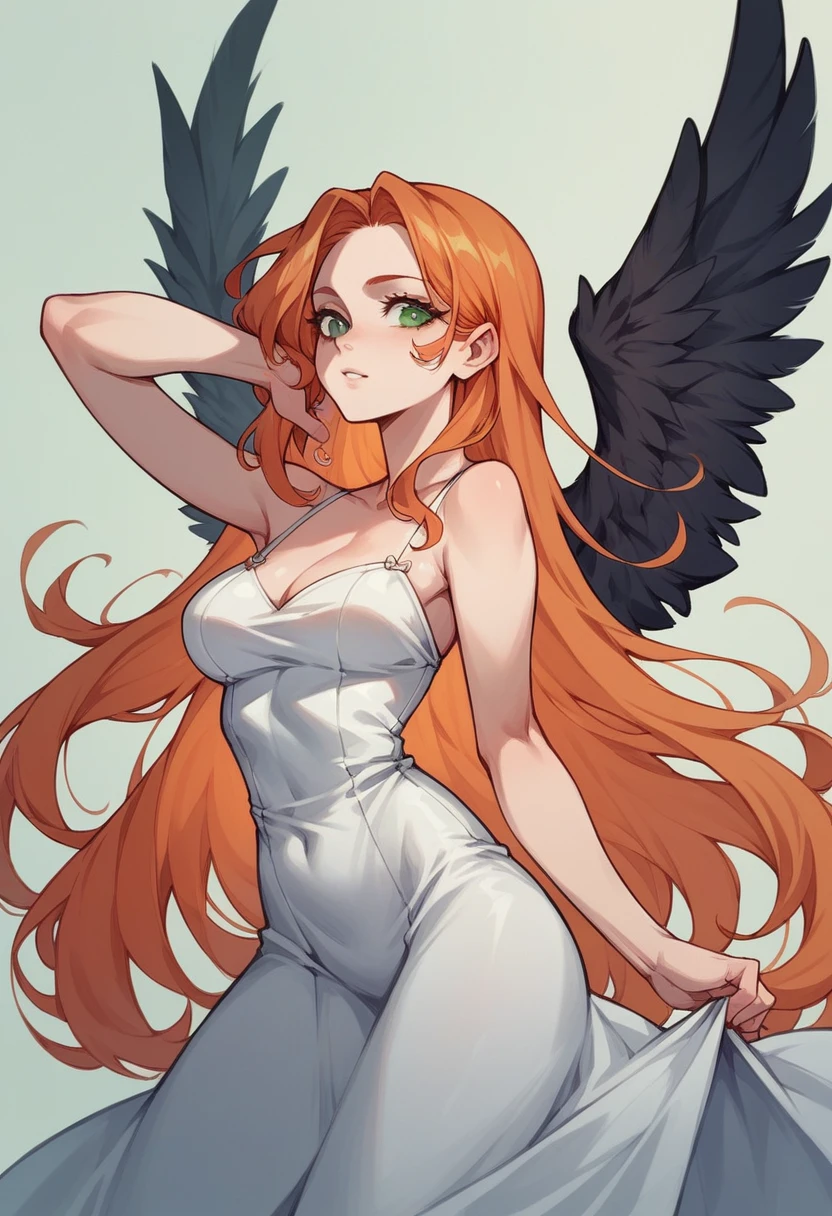 a hot girl with long, wavy, ginger hair ,green eyes and black wings, wearing a white dress
