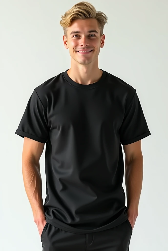 a real blonde man standing with a black t-shirt mockup