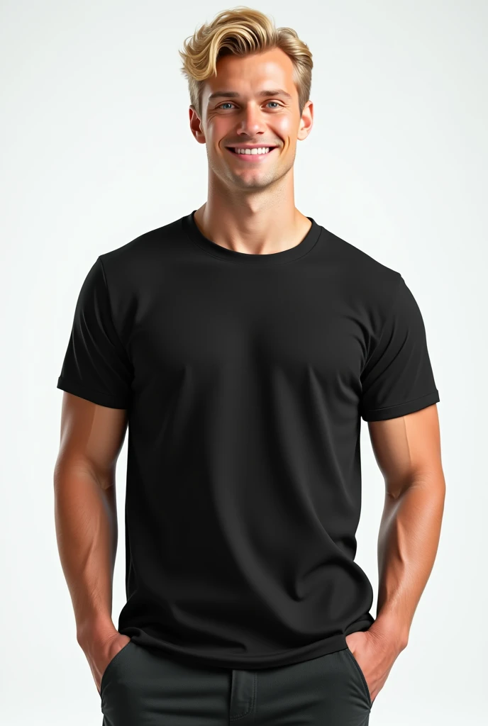 a real blonde man standing with a black t-shirt mockup
