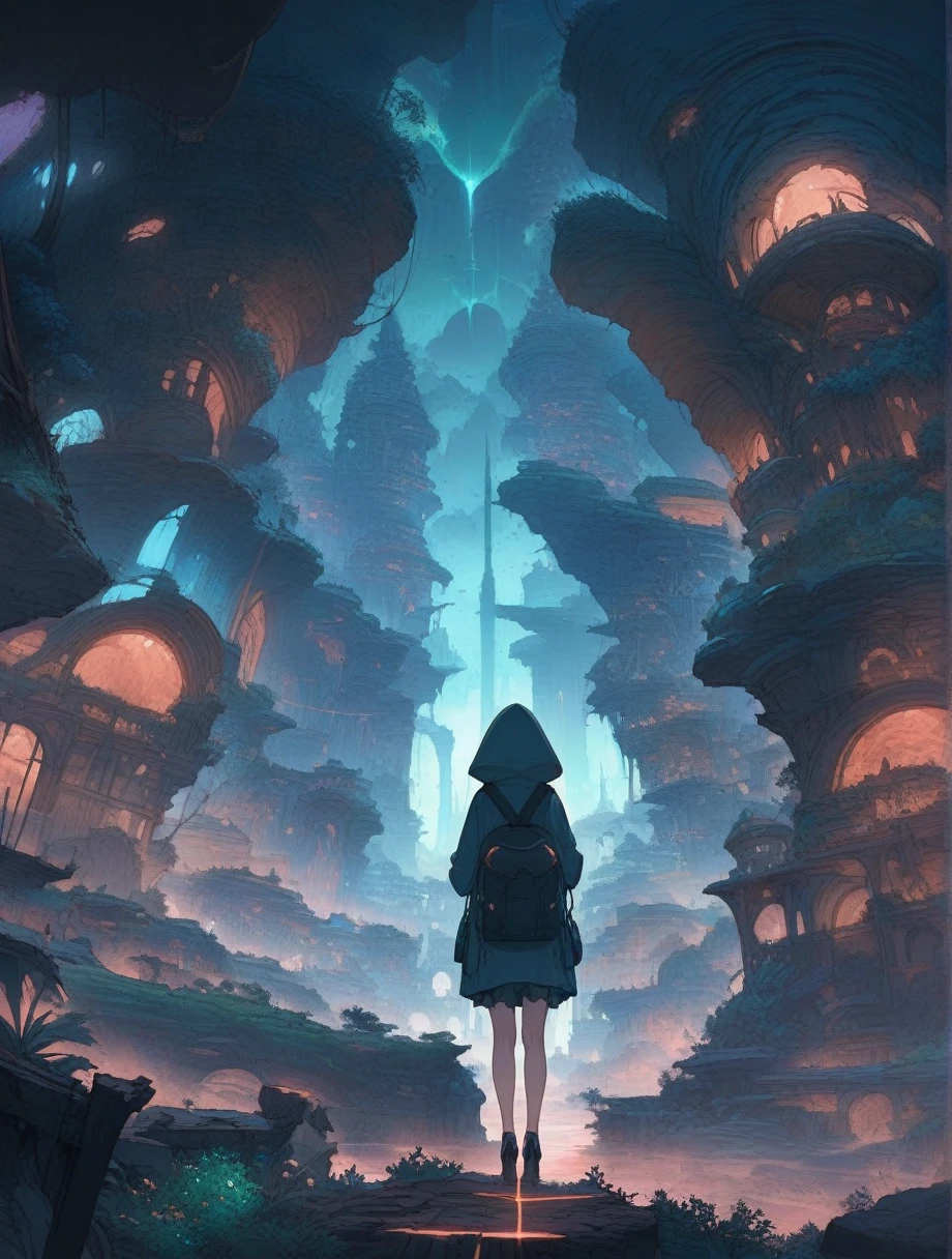 score_9, score_8_up, score_7_up, score_アニメ, masterpiece, best quality, delicate illustration, sharp line, sharp focus, BREAK,Traveler girl wandering in the ruins of endless night, the girl is wearing a hood, a lot of baggage in her backpack., night、City of the Future、Fantastic landscape、Beautiful Landscape、Harmony with Nature、Spectacular views、Machine City