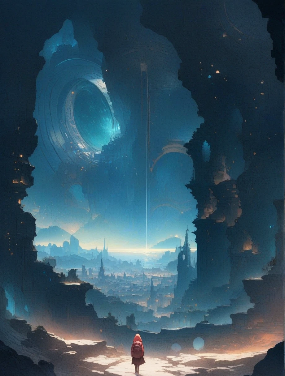 score_9, score_8_up, score_7_up, score_アニメ, masterpiece, best quality, delicate illustration, sharp line, sharp focus, BREAK,Traveler girl wandering in the ruins of endless night, the girl is wearing a hood, a lot of baggage in her backpack., night、City of the Future、Fantastic landscape、Beautiful Landscape、Harmony with Nature、Spectacular views、Machine City