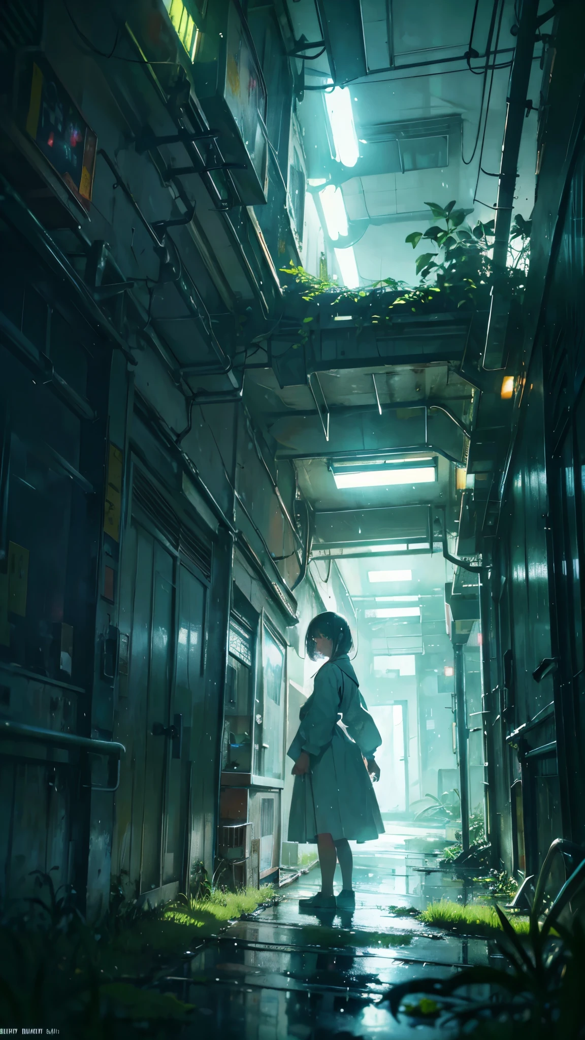 Rain Hospital Girl Standing Abandoned Hospital Overgrown with Grass High Resolution, masterpiece, Ultra high definition, Cinematic light effects, Ultra-detailed, Surrealism,