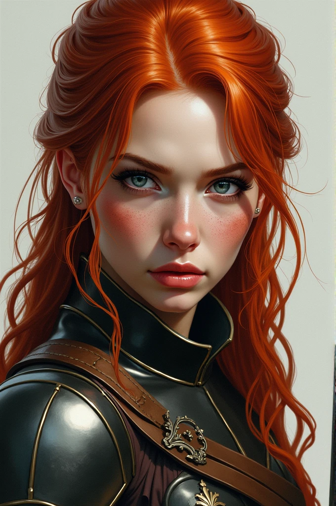 1 woman, slightly prominent freckles, Red hair, face with fearless expression and angelic beauty wearing warrior clothes