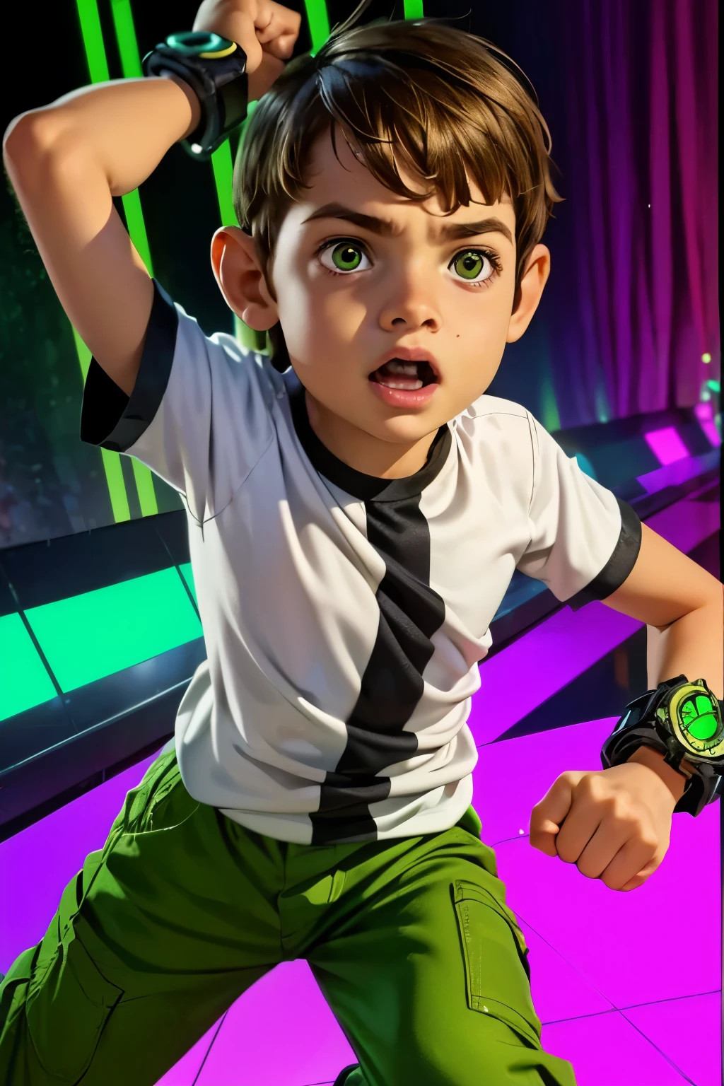 Movie poster, Ben 10 (((A child, *** ))), brown eyes, (((wearing a white outfit with black stripe in the center, green pants))) , showing fist. (Omnitrix on arm)) . (Action facial expression ) . highy detailed, face detailed, realisitic, cinematic lighting, studio quality, proffesional, face detailed, intrikate, bright coloured. ((abstract lighting background)).