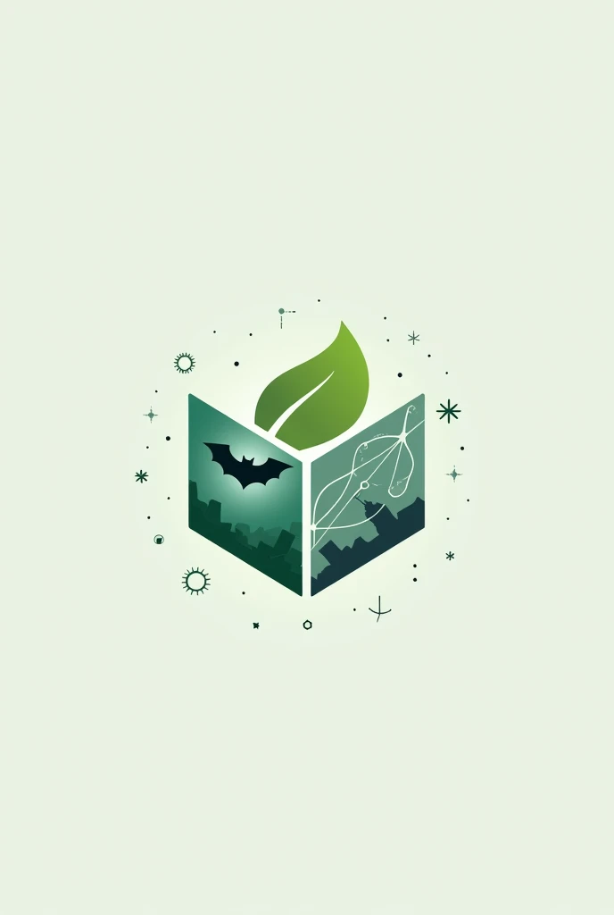 Create a Simple Hexagon Logo Divided into 3 Sections, first green section with one leaf, second section brown with bat and third section blue containing lines of technology and neural networks, soft color tones