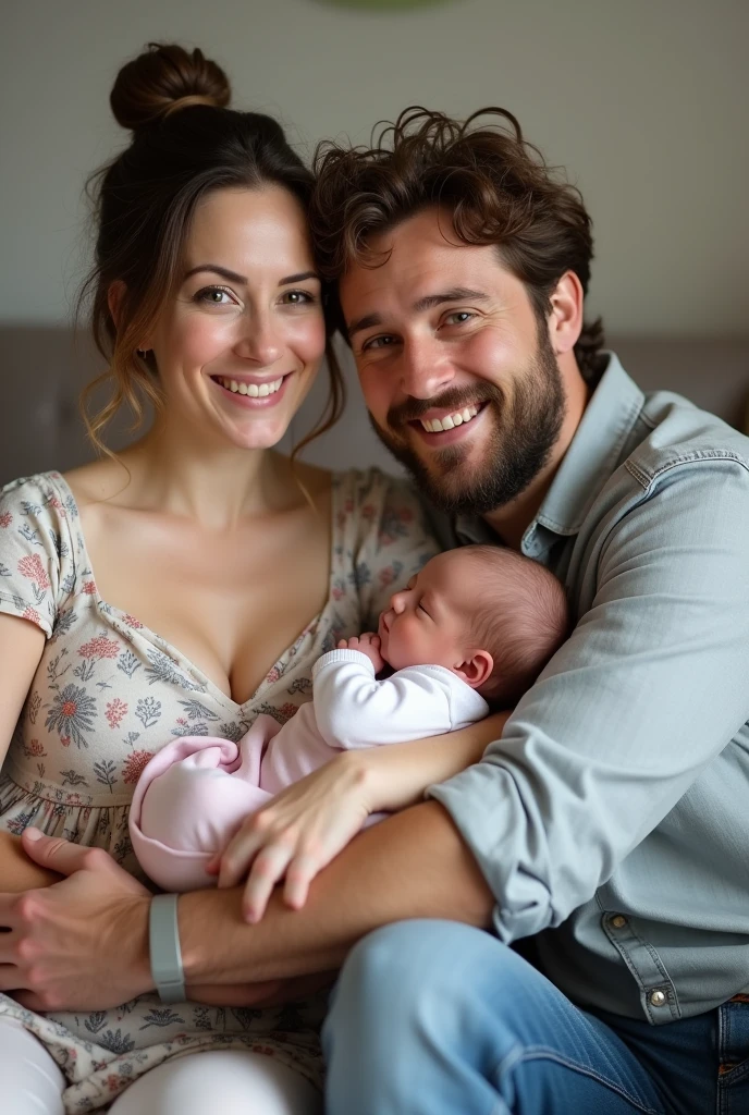 Na foto de família com clear, Lucas and little Catharina, all three are captured in a moment of tenderness and connection.
**clear**: He has a soft smile, exuding a sense of calm and happiness. She wears a comfortable, flowery dress, which highlights its casual and welcoming style. Her hair is tied up in a messy bun, and she wears some light makeup, that enhances your natural features. Their eyes, still a little tired, shine with love and pride as they look at their daughter.
**Lucas**: Ao lado de clear, Lucas is in a protective and affectionate pose. He wears a casual button-down shirt and jeans., a look that matches your laid-back, confident image. her hair is a little messy, reflecting on your sleepless nights, but your smile is wide and genuine, showing the happiness of being a father. He holds Catharina with a loving firmness, your gaze full of devotion.
**Catharina**: Little Catharina is in Lucas' lap, wrapped in a white jumpsuit with pink details, which highlights her lovely and delicate appearance. Your hair is thin and sparse, and her eyes are still small and curious. She is sleeping peacefully, with a slight smile on your face, completely oblivious to the world around her. Your skin is smooth and rosy, reflecting the health and vitality of a newborn baby.
The photo is taken in a cozy and well-lit environment, possivelmente na sala de estar do apartamento de clear. The scenery in the background is simple, with a comfortable sofa and some subtle decorations that create a cozy and familiar atmosphere. The image captures the essence of a happy and intimate moment, highlighting the joy and newly formed unity of this little family.