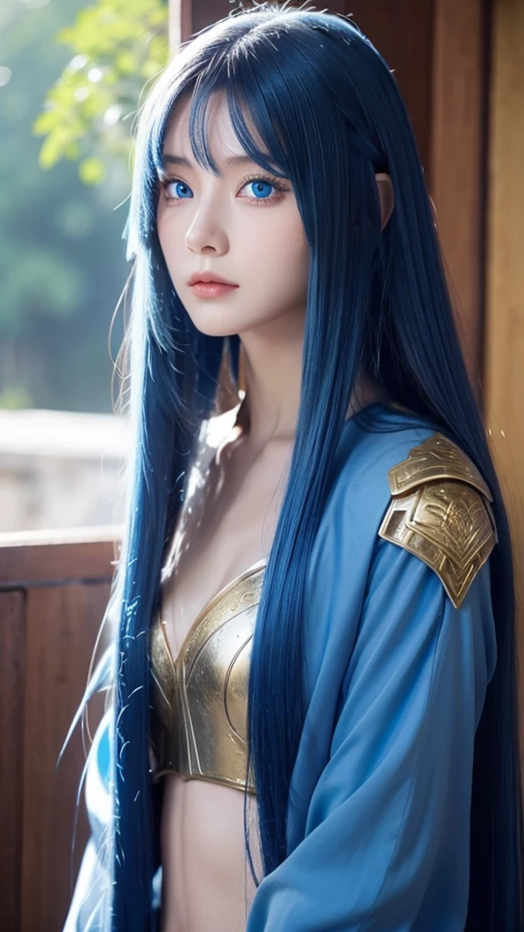A female warrior with blue eyes and long blue hair、She's wearing a very beautiful and delicate blue armor and is running through the forest with a sword.