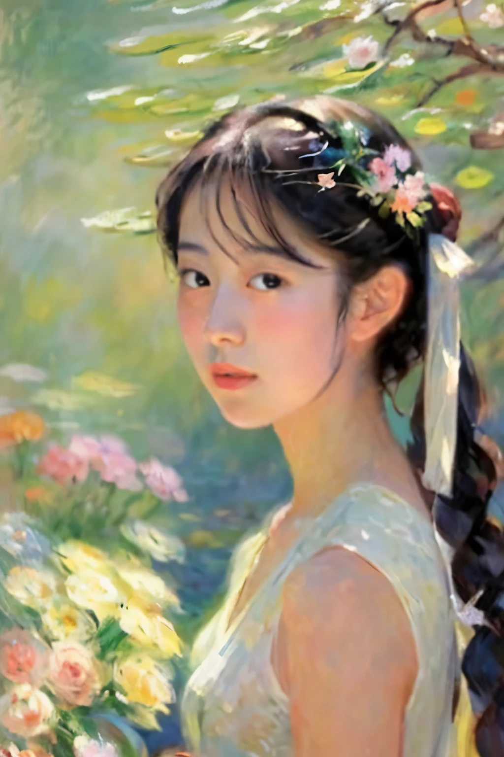 Create a detailed, impressionistic portrait of a Japanese woman, inspired by the painting style of Claude Monet. The woman's features should be delicate and elegant, capturing the serene and gentle expression often seen in traditional Japanese art. Her hair should be styled simply, possibly adorned with traditional accessories like a hairpin. The background should evoke a soft, dreamlike quality with light and color blending harmoniously, similar to Monet's use of dappled light and vibrant tones. The overall composition should have a painterly touch, with visible brushstrokes and a sense of movement in the colors, creating a scene that feels both vivid and ethereal.