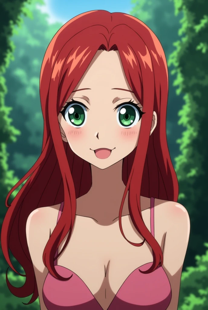 one piece screenshot, 1 woman, green and slanted eyes, with long eyelashes, thin face and white skin, small nose, pink lips, by the wide, straight red, with a good body, In the background is a forest, with a smiling expression, one piece animation style