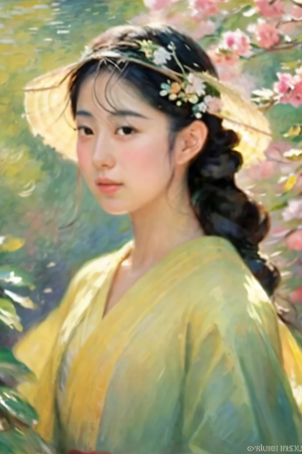 Create a detailed, impressionistic portrait of a Japanese woman, inspired by the painting style of Claude Monet. The woman's features should be delicate and elegant, capturing the serene and gentle expression often seen in traditional Japanese art. Her hair should be styled simply, possibly adorned with traditional accessories like a hairpin. The background should evoke a soft, dreamlike quality with light and color blending harmoniously, similar to Monet's use of dappled light and vibrant tones. The overall composition should have a painterly touch, with visible brushstrokes and a sense of movement in the colors, creating a scene that feels both vivid and ethereal.