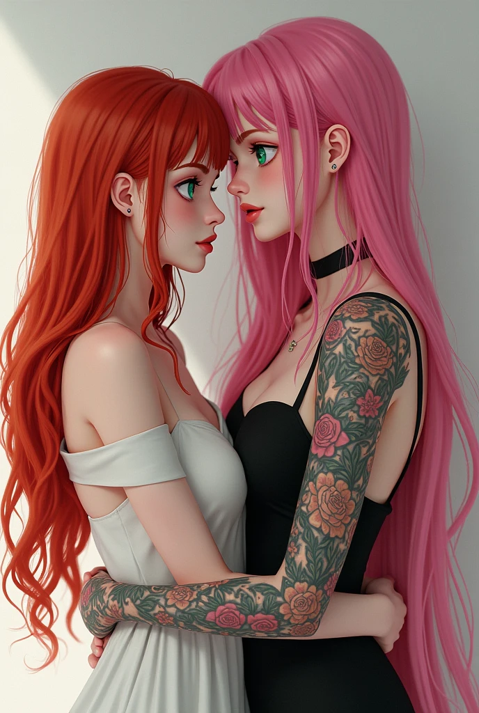 Two girls hugging, one with long red hair and green eyes, white skin and dressed in white and the other with pink hair and blue eyes with tattoos dressed in black