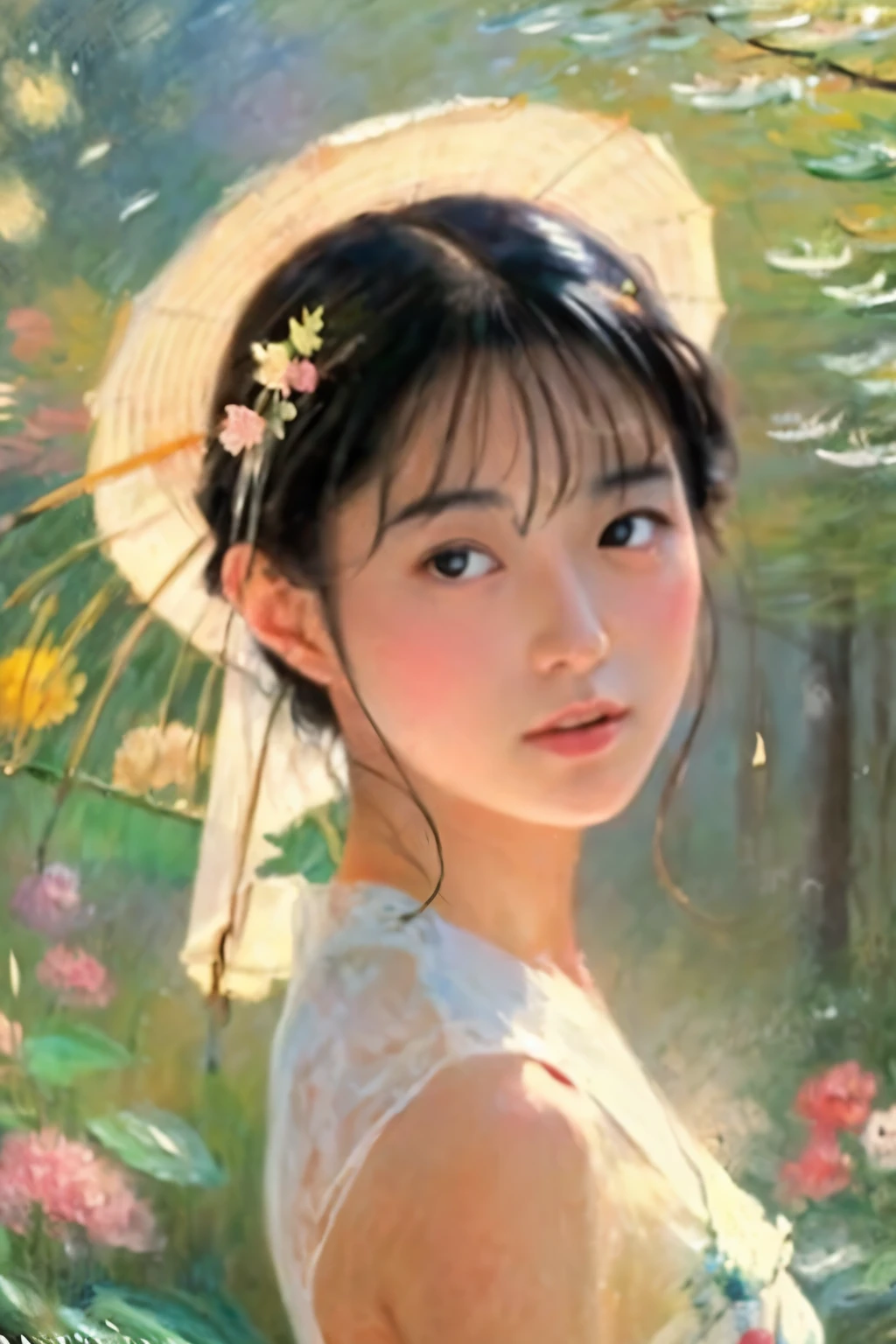 Create a detailed, impressionistic portrait of a Japanese woman, inspired by the painting style of Claude Monet. The woman's features should be delicate and elegant, capturing the serene and gentle expression often seen in traditional Japanese art. Her hair should be styled simply, possibly adorned with traditional accessories like a hairpin. The background should evoke a soft, dreamlike quality with light and color blending harmoniously, similar to Monet's use of dappled light and vibrant tones. The overall composition should have a painterly touch, with visible brushstrokes and a sense of movement in the colors, creating a scene that feels both vivid and ethereal.