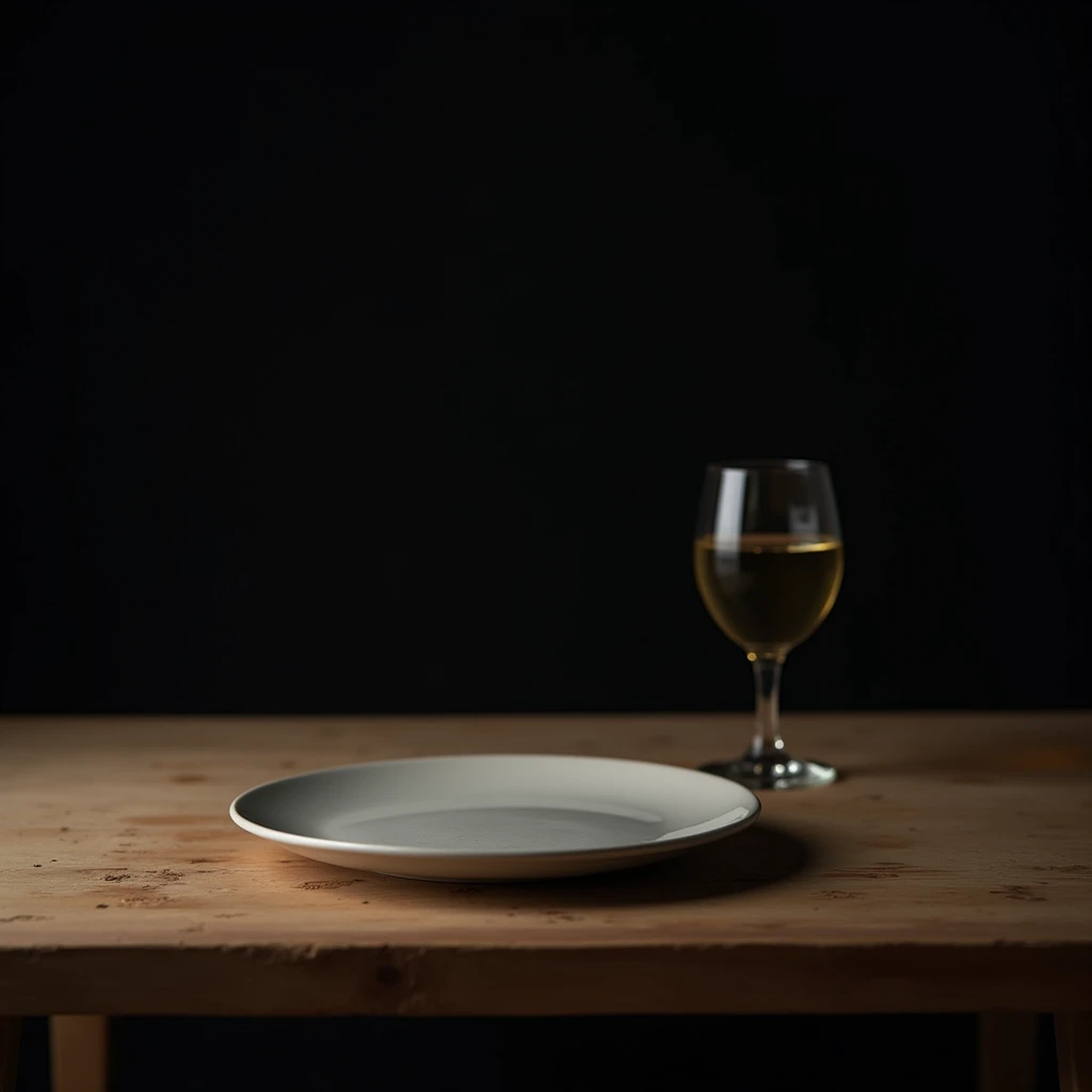 Table with plate and glass of wine. Black background rustic still life close-up.
