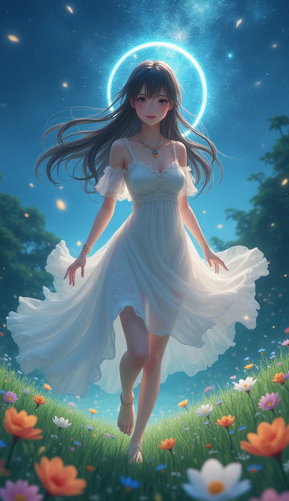 (masterpiece、Highest quality、8k、High resolution)、1 female、Beautiful eyes with slit length、Cute lips、Beautiful Nose、Brownish black hair、smile、(Best anime girl)、Green grassland with forest view、Walking,(Barefoot, flying, running, high, high),Colorful flowers blooming in the field,A bright night with the stars clearly visible、milky way、Mysterious light particles from the whole body、Colorful light particles、A mysterious light shining around your head、melt、jewelry、necklace、White lace dress、(Beautiful full body style)、Highly detailed anime art、A complete portrayal、