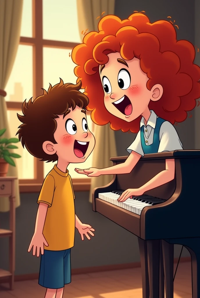 Cartoon of a girl and her singing teacher: The girl is standing in front of her teacher and her piano, She, is singing, The teacher is also singing with her mouth open, The teacher has curly red hair.