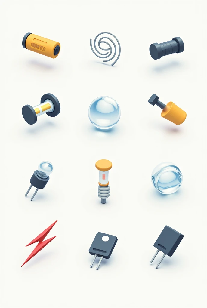 Symbologies in industrial drawing Main electronic symbols 1 . Resistance 2. Capacitor 3 . Inductor 4. Diode 5. led ( Light Emitting Diode 6 . Transistor 
7. Power supply 8 . Switch 9 .land 10 . Fuse A color and only the ten that I said and in Spanish and with name to know which ones they are and the names and title are Spanish 