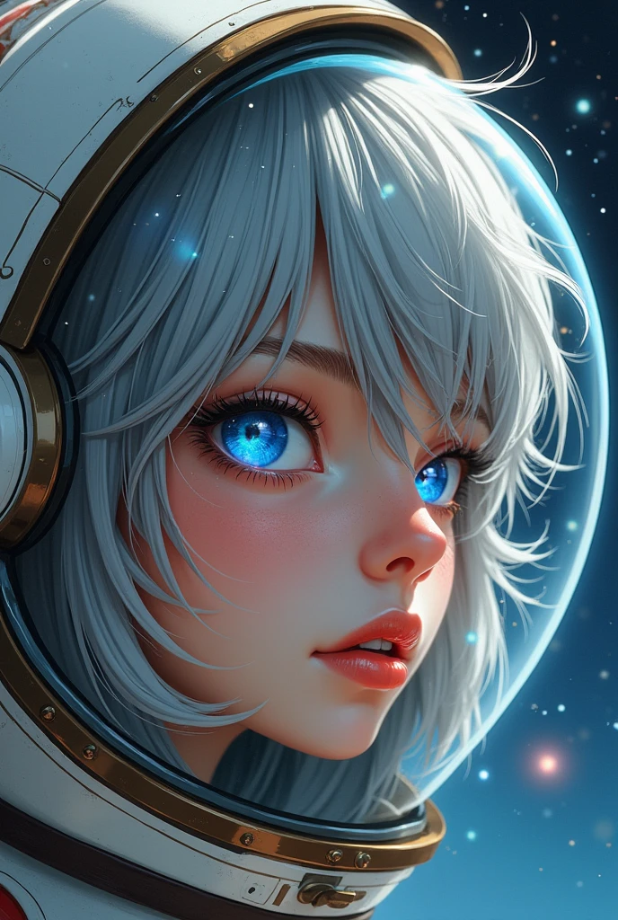 (Get a closer look at more masterpieces:1.5)0.9], (Space and astronauts:1.2) (Messy silver hair:1.1) (Heterochromia xanthochromia and blue eyes:1.2) (Space Helmet:1.0) (Colored stars in the eyes:1.0) (shining:1.1) (thick lips:0.9)