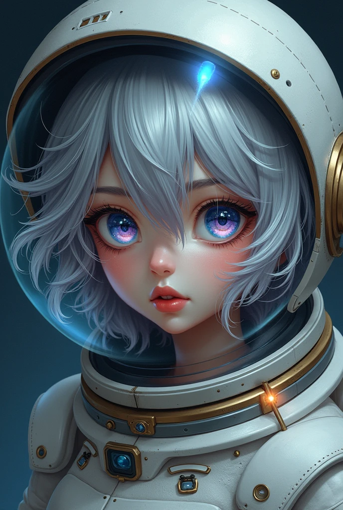 (Get a closer look at more masterpieces:1.5)0.9], (Space and astronauts:1.2) (Messy silver hair:1.1) (Heterochromia xanthochromia and blue eyes:1.2) (Space Helmet:1.0) (Colored stars in the eyes:1.0) (shining:1.1) (thick lips:0.9)