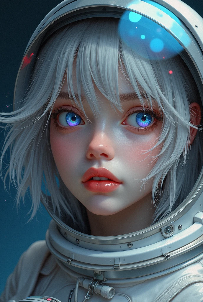 (Get a closer look at more masterpieces:1.5)0.9], (Space and astronauts:1.2) (Messy silver hair:1.1) (Heterochromia xanthochromia and blue eyes:1.2) (Space Helmet:1.0) (Colored stars in the eyes:1.0) (shining:1.1) (thick lips:0.9)