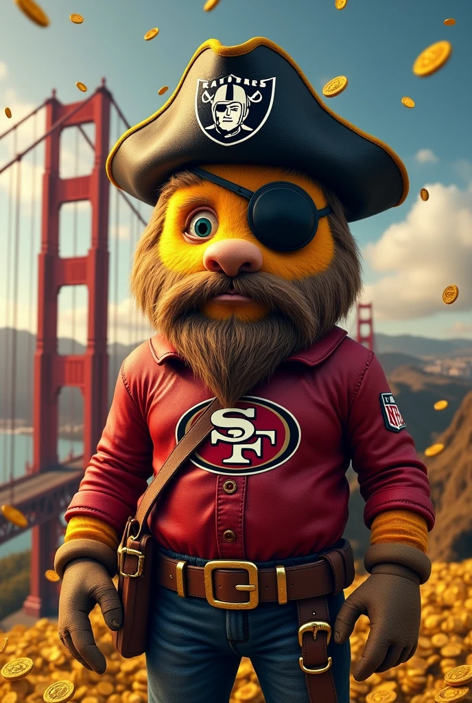 A Gold Miner Like Sourdough Sam, san francisco 49ers mascot, wearing 49ers colors and the 49ers symbol but the face being the pirate from the Raiders symbol with an eye patch and a black Raiders pirate hat in the background being the Golden State Bridge with gold coins falling from the sky
