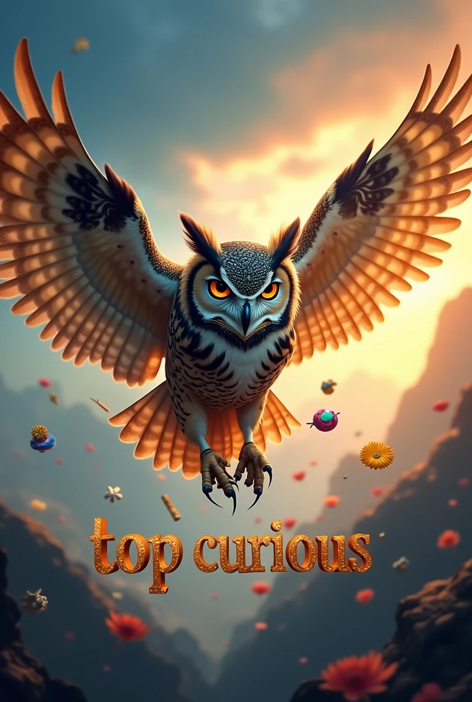 create a youtube banner with an owl in action: A banner featuring an owl flying with a curious expression, carrying small icons of curiosities in their claws or around. O texto "Top Curious" can be in the sky or at the bottom of the banner, with a stylized font and a slogan like “Fly High in the World of Curiosities”.  2048 x 1152