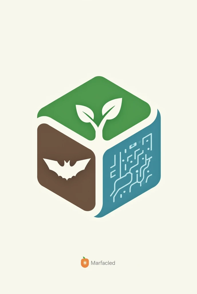 Create a Simple Hexagon Logo Divided into 3 Sections, first green section with one leaf, second section brown with bat and third section blue containing lines of technology and neural networks