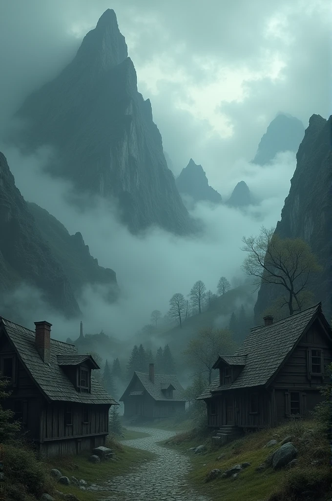 A small mysterious village surrounded by high dark mountains, shrouded in thick fog, avec des maisons anciennes en bois.