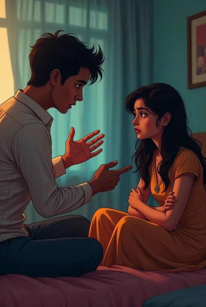 Small Arguments:
"A scene in Aniket's room, where he and Priya are sitting on the bed, facing each other. Aniket has a frustrated expression, his hands raised slightly as he tries to explain something. Priya looks away, visibly upset, with her arms crossed. The room feels tense and uncomfortable."