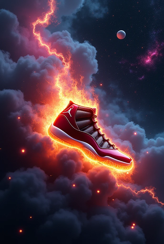 A photo of a Jordan Retro 11 tennis shoe with a multi-color design. The shoe is on fire with bright and burning fire in the middle of a dark galaxy. The galaxy has wavy patterns of black, purple, blue and pink. There are also floating and glowing orbs., In addition to shooting stars. The background contains a cosmic scene with stars and nebulas.