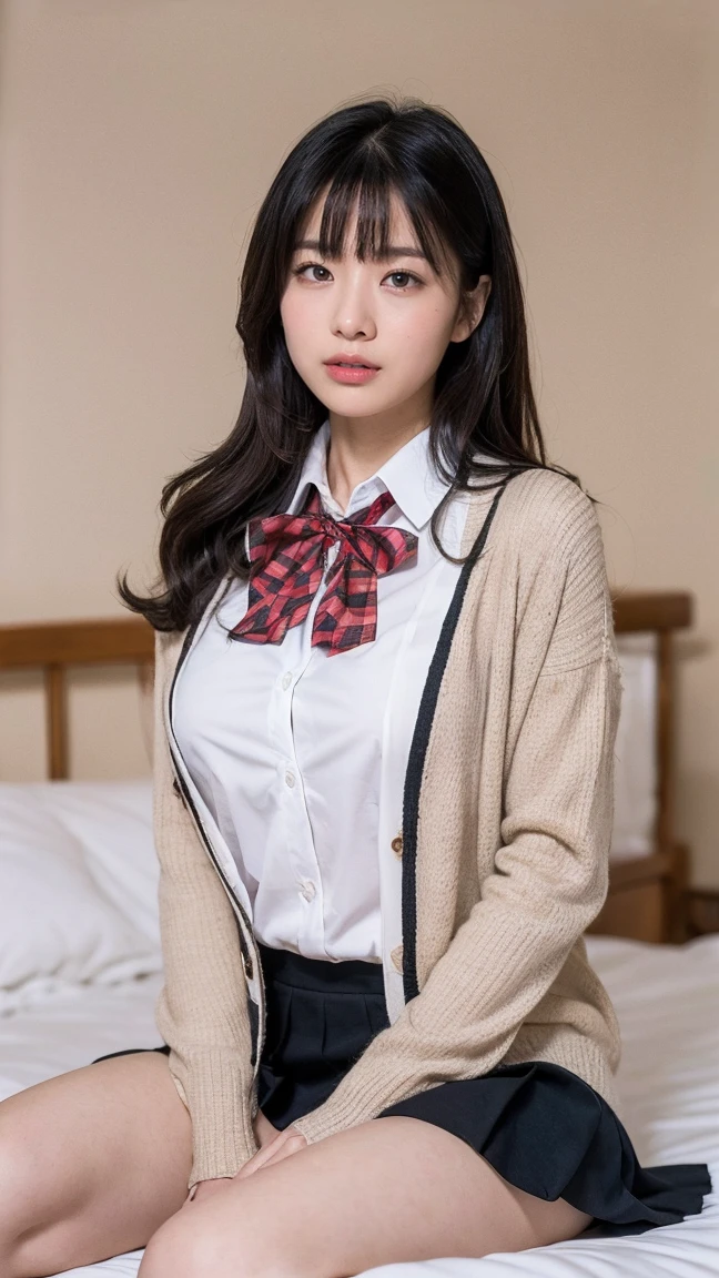 (((8k、High resolution、Highest quality、High resolution)))alone、Natural body shape、White skin、Natural Makeup、Black Hair、bangs、Straight Long Hair、、((High School Uniform)) 、((Beige cardigan、white collared long sleeve blouse))、((Red checkered pleated skirt))、(red school ribbon)、、(Big Breasts:1.3)、((The upper body is wearing a uniform))、(Looking at the camera)、(((Head to shin portrait)))、(((Exposing your thighs)))、Bedroom、On the bed、Sit with your legs apart、((Focus on the crotch))、White socks