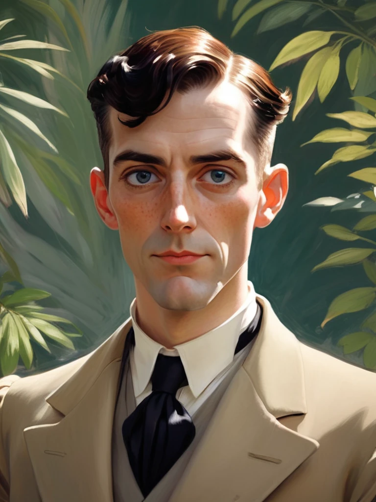 john singer sargent style anime illustration, 1man, bertie wooster, freckles, beautifully detailed eyes