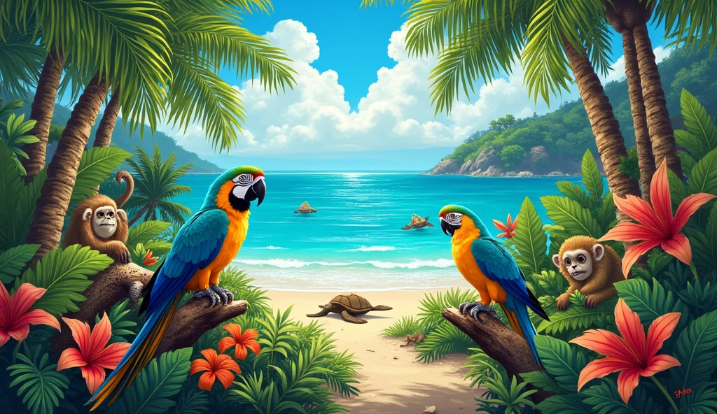 Give me a reference or example of a drawing that has an ecological and cultural Caribbean animals