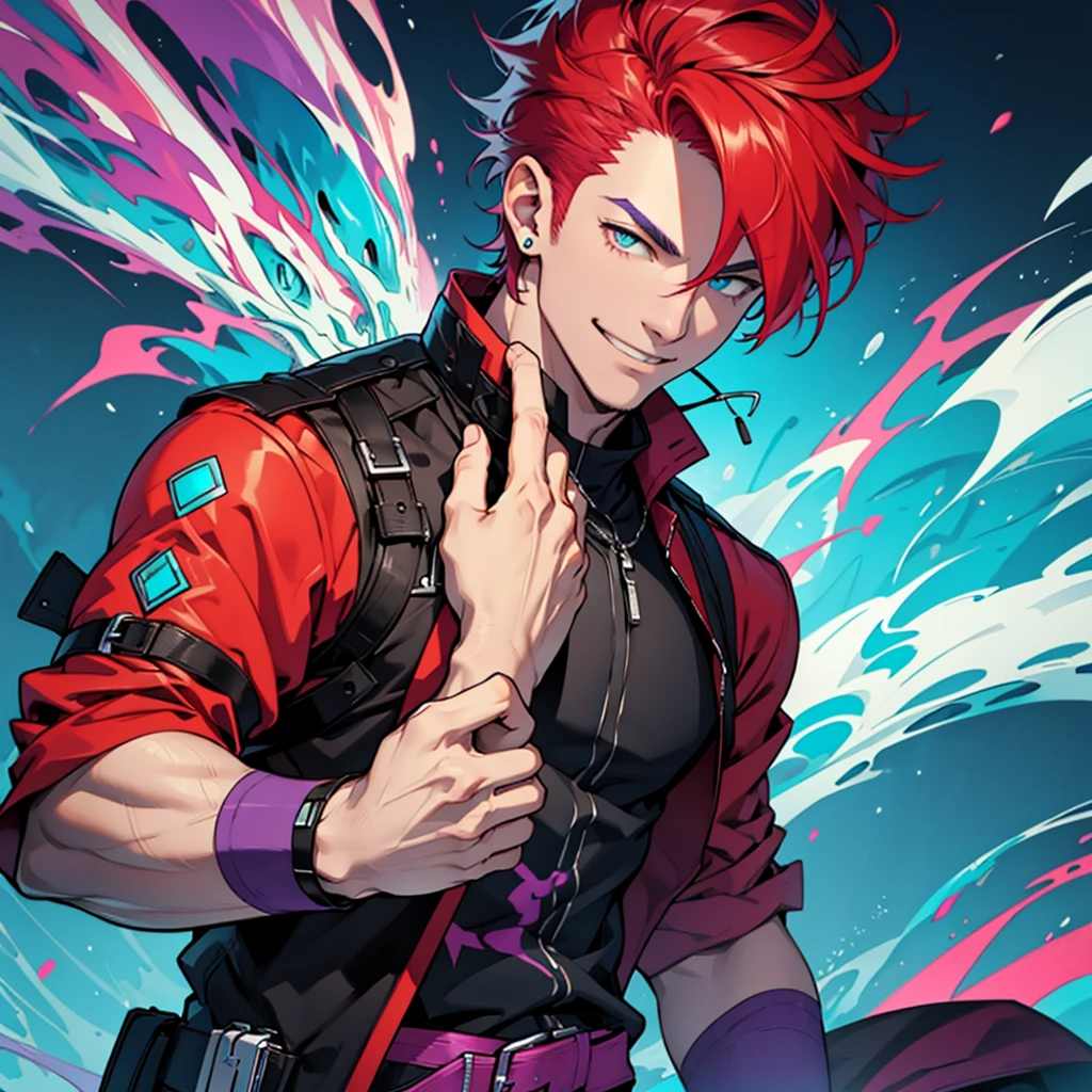 One guy with red hair, Eyes on a mix of purple and cyan, Dressing wanderer clothes, with a tiny fire on his finger,
Smilling