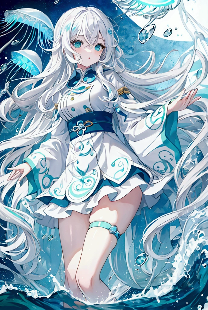 White Hair、Wavy Hair、Long Hair、Blue-green eyes、Cute clothes、Water Drop、In the water、jellyfish
