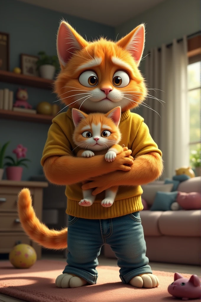 The six pack father cat wearing jeans outfit, a tall striped feline with wide, worried eyes, holds his sick crying kitten wearing yellow jeans outfit in his arms. He's standing by the door, ready to rush out, while the background shows a homely living room with furniture and scattered toys.