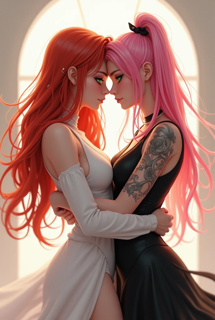 Two friends hugging, one with long red hair and green eyes, white skin and dressed in white and the other with pink hair and blue eyes with tattoos dressed in black