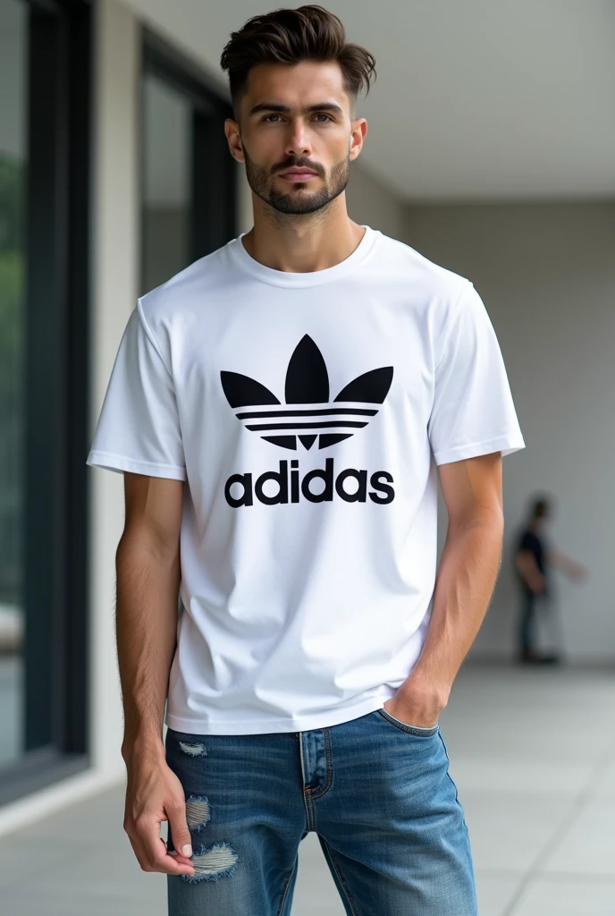 White big adidas black logo t shirt with Blue jeans