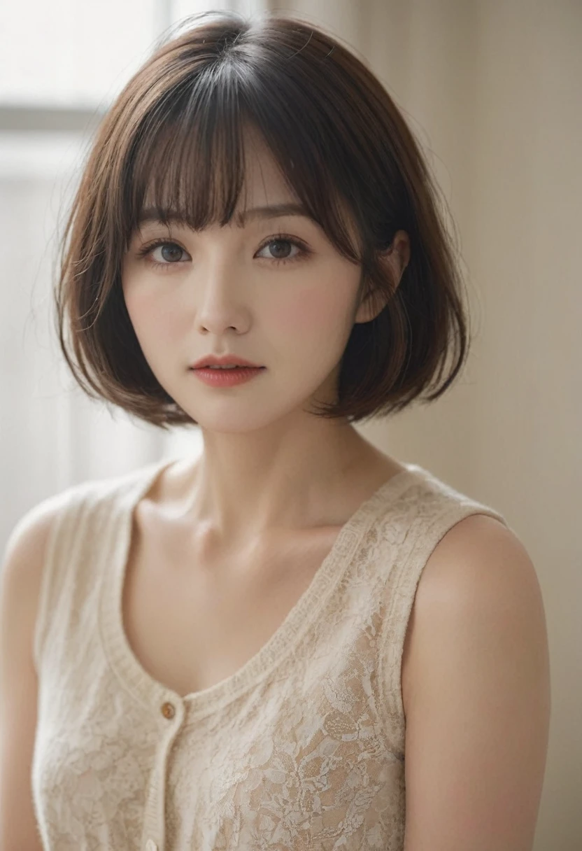 photographic,(cowboy shot,) mature_female,wavy_fluffy bob cut,blunt bangs,brown hair,drooping eyes,thick lips,((petite,)) ((round face,)) (Cool impressions, small_breasts),various poses,