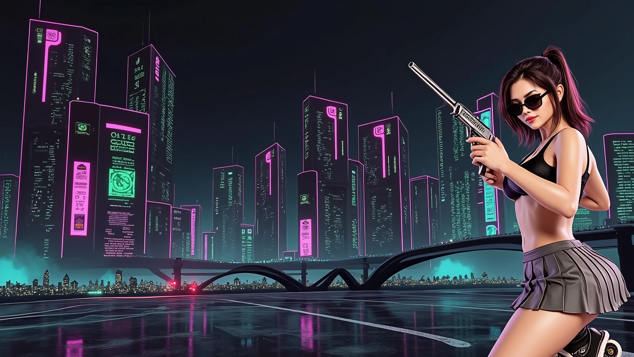 Matrix inspired futuristic cityscapes with colorful all-glass outlined towering skyscrapers with lightning, flying vehicle. High-resolution OLED GUI interfaces in the building, The windows are filled with transparent data visualization infographics that show it all, very close-up green glowing cascading code. Colors are saturated and vibrant. At night, (1 female assassin crouching on a skateboard, solo, alone), photorealistic, large-breast slim:0.6 body, oval:0.5 face, black mini bra, cleavage:1.1, deep-v, very low angle view of black pleated miniskirt, white panty, (upskirt), glove, (Matrix style black micro sunglasses), (aiming viewer with a short gun), dynamic skateboard jumping pose, (full-body thigh level close-up:2.0 shot), cinematic lighting, ray tracing, motion blur background.