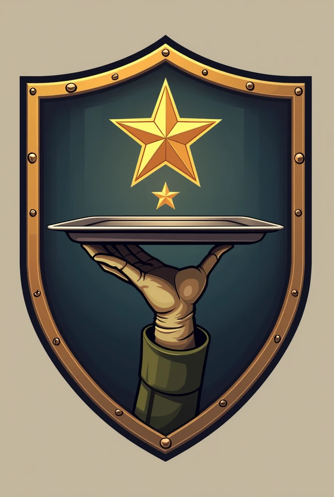 Shield with a military hand holding an open waiter&#39;s tray with a floating army star